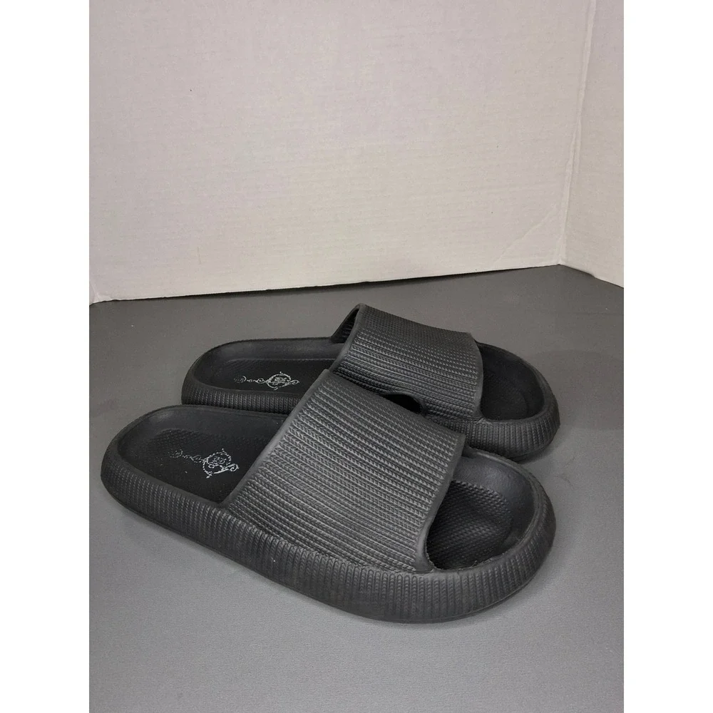 Mens Black Cloud Slides Platform Foam Sandals Textured Comfort M7/W8